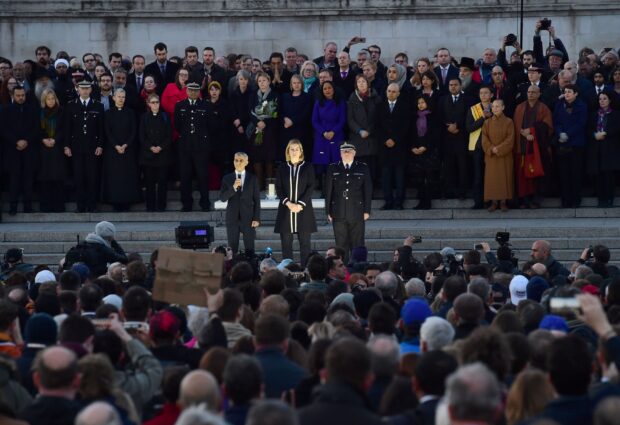 Mayor of London Sadiq Khan speaking at the candlelight vigil in Trafalgar Square, London to remember those who lost their lives in the Westminster terrorist attack. PRESS ASSOCIATION Photo. Picture date: Thursday March 23, 2017. See PA story POLICE Westminster Vigil. Photo credit should read: Lauren Hurley/PA Wire